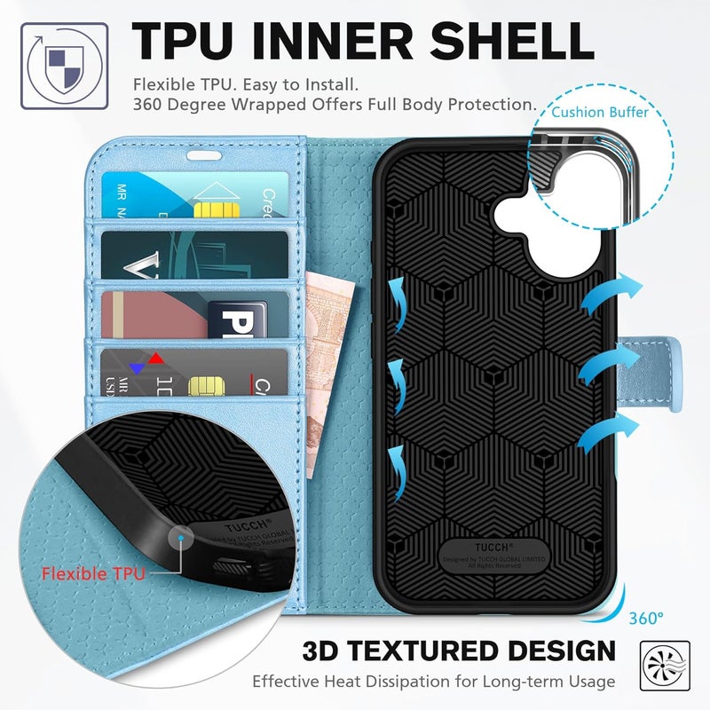 TUCCH Case Wallet for iPhone 16 5G, [RFID Blocking] 4 Card Holder Stand [Shockproof TPU Interior Case] PU Leather Magnetic Protective Flip Cover Compatible with iPhone 16, Shiny Light Blue - Image 5